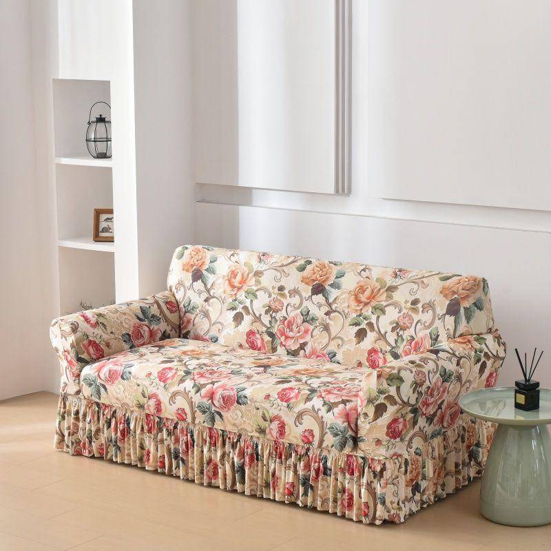 Blommigt Digitaltryck Elastiskt Sofföverdrag med Volangkant - Stretchig Design i Ett Stycke, Justerbara Band Soffskydd för Soffa