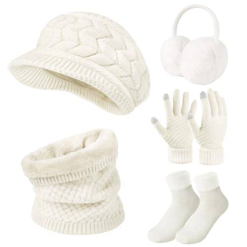 Niwicee Mössa Stickad Halsduk Handskar Kvinnor Vinter Set Stickad Mössa Halsdukar Pekskärm Handskar Mjuka Värmare Vinterstrumpor Kvinnor Presenter, Beige, one size