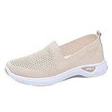 Skor dam sneakers, sommarskor dam andas, vanliga promenadskor dam platta sportskor löparskor slip-on sneakers dam joggingsko fritidsskor avslappnade platta skor, Beige, 39 EU