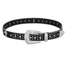 WERFORU Strass nitbälte för kvinnor män västerländsk läderbälte för cowgirl cowboy vintage bling bälte för byxor klänning, B-svart (kors), Anzug für Taillenumfang 68-84cm