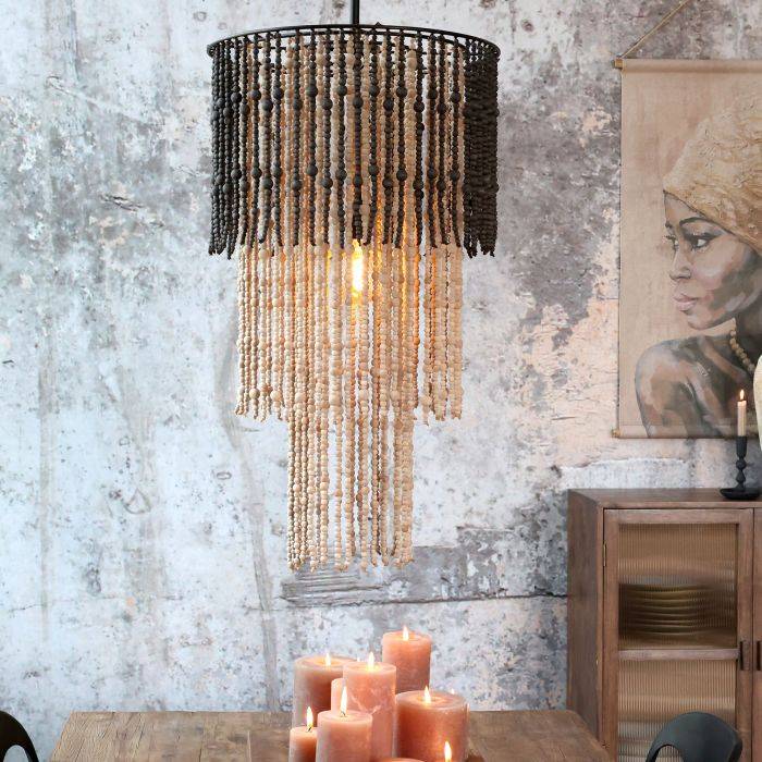 Chic Antique - Lysekrone m. træperler H90/Ø50 cm natur
