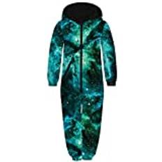 Ocean Plus Unisex Långärmad Dragkedja Huva Fleece Overall Pojkar Digitaltryck lös Flickor en Bit Med Huva Sovkläder Barnbyxor (höjd: 145-150cm, Mörkgrön galax)
