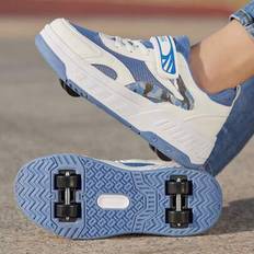 Utomhussportskor för flickor med avtagbara hjul, mode mångsidiga pojkar Casual rullskateboardskor - Vitt och blått (EUR34,EUR35,EUR36,EUR37,EUR38,EUR39,EUR40,EUR30,EUR31,EUR32,EUR33)