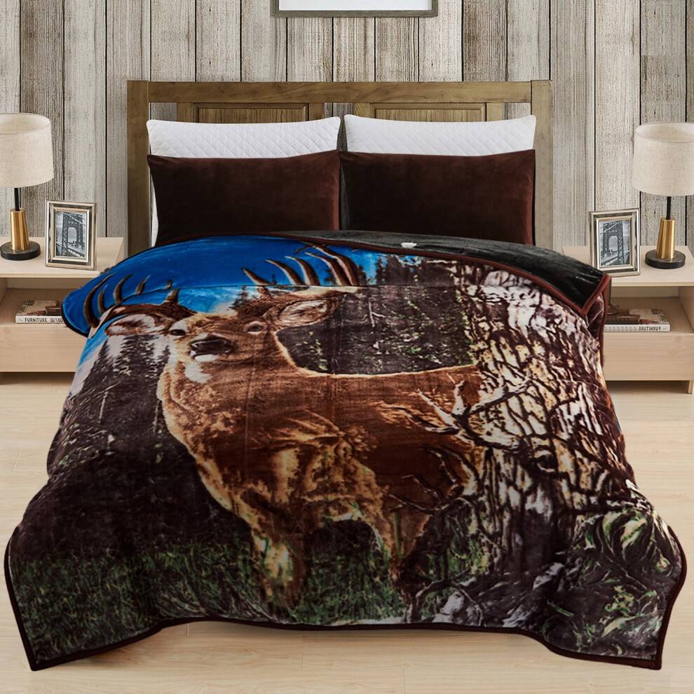 JML Blødt Plys Fleece Tæppe til Seng Queen 75"x87" 5lb, 2-lags Raschel Tæppe Elk & Horse