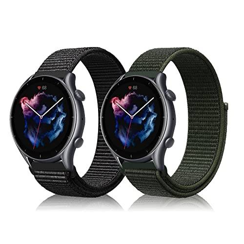 Niboow 22 mm armband för Amazfit Bip 5/GTR 4/GTR 3 Pro/GTR 3/GTR 2 eSIM/GTR 2e/GTR 47 mm, nylon ventilerande armband klockarmband för Amazfit Cheetah/Cheetah Pro/Stratos 3/Stratos 2s-svart + grön