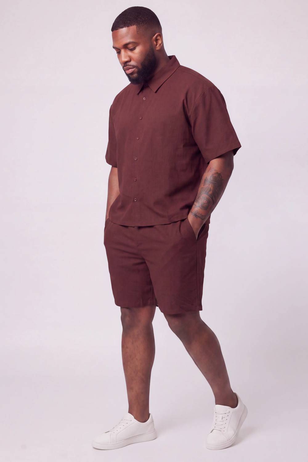 Plus Cheesecloth Oversized Boxy Shirt and Relaxed Short Set | Chocolate | Size 2XL