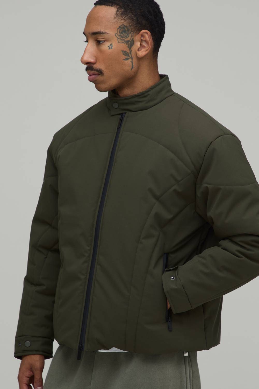 Regular Fit Moto Panel Puffer Jacket | Olive | Size XS
