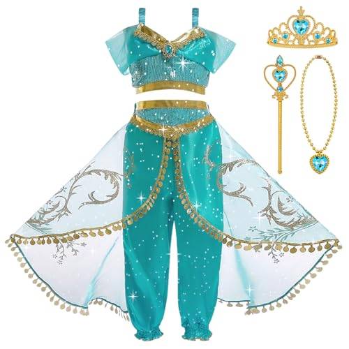 BSBUY Jasmin Prinzessin Kostüm mit Oberteil, Hose, Halskette, Brosche, Krone und Zepter - Aladin Cosplay Outfit Hellgrüne Pailletten für Halloween, Karneval (110-150)