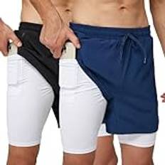 frueo 2-pack 2-i-1 löparshorts för män torr passform gymshorts lätta sport atletiska träningsshorts med dragkedja ficka kompression basfoder träningsshorts, 0609blacknavy, M