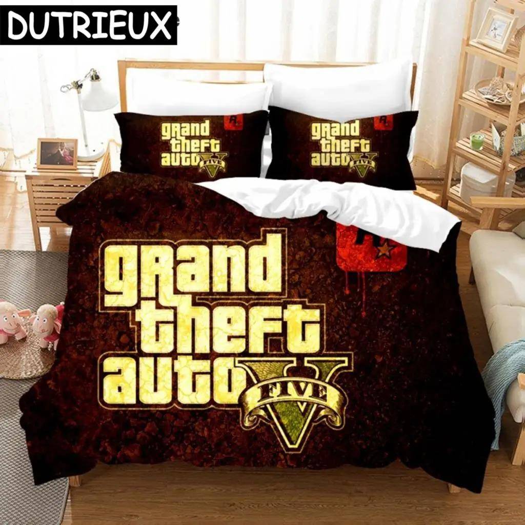 Spel GTA Tryckt Sängklädesset Grand Theft Auto 5 Tecknad Påslakan Örngott Twin Queen King Size Anime Påslakan Sängkläder US Twin 172x218cm.