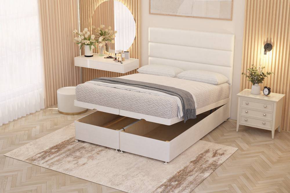 Somnior Chambery Hybrid Pocket Sprung Orthopaedic Ottoman Bed Set with Headboard Plush Velvet in White | Size: Small Double