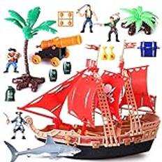 Barn Piratskepp Äventyrsleksaker Med Plast Action Figurer Piratskepp Lekset med haj, båt, kanon, träd och andra tillbehör Utbildningspresent för pojkar Flickor 3 4 5 6 7 8 år gammal