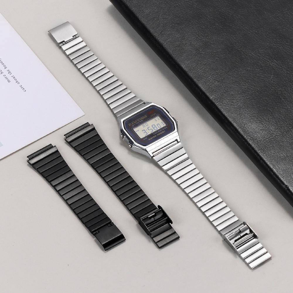 För Casio F91W Klocka Stål för F84 F105 F108 A158 A-168 AE-1300 AE-1200 Casio Armband Ultratunt Metallarmband 18mm 20mm svart