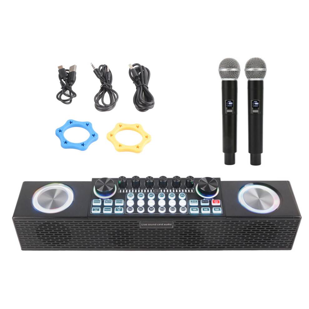 Bluetooth Karaoke-maskine med 2 mikrofoner, karaoke-lyd med stereo-surroundhøjttalere, LED-diskotek-lysshow, opgraderede UHF trådløse mikrofoner,