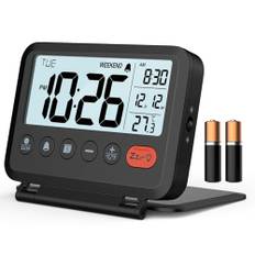 MeesMeek Reisewecker Digital Klein: 2 Stufen Licht und Lautstärke, 12/24H, Kalender, Temperatur, Wochenende und Schlummer Modus, Klappbar, Batteriebetrieben Mini Wecker (AAA-Batterien inklusive)