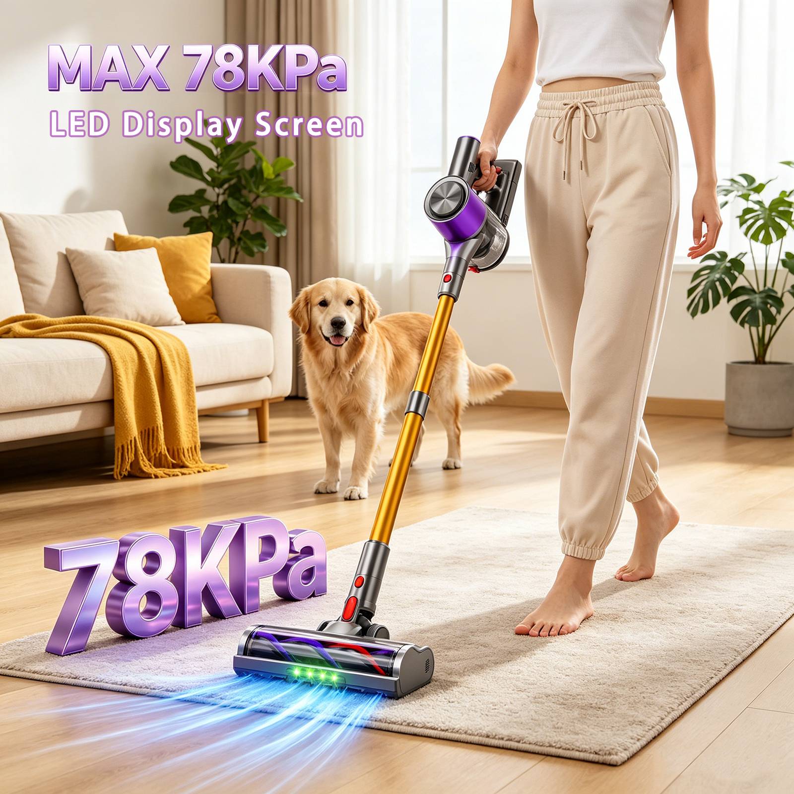 Honki 78KPa Powerful Cordless Vacuum Cleaner 45 Mins Long Runtime LED Display 1.5L Large Dust Cup 6*2200mAh Detachable Battery Handheld Vacuum for Pet Hair Floor Carpet