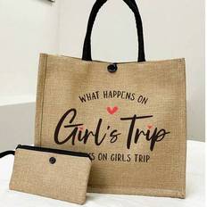 2 Pieces/Set Linen Tote Bag, Including A Milano Lettering Printing Tote Bag And A Printed Small Bag, Letters, Flowers, Personalized Gift Package, Yell - Khaki - Big Bag + Small Bag,Small Bag (excluding Large Bag),Large Bag (excluding Small Bag)