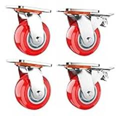 Heavy Duty Casters, Lockable Bearing Caster Wheels With Brakes, For Workbench, Furniture, Cabinet, Box, Outdoor Plate Casters, 2 Casters With Brakes And 2 Swivel Casters Without Brakes (Red 150m