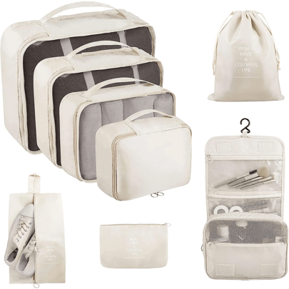 8-delars reseorganizerset för bagage, inkluderar komprimerande skopåse, förvaringspåse för kläder, hängande necessär, lämpligt för resor, klädförvarin - Beige (En-Storlek)