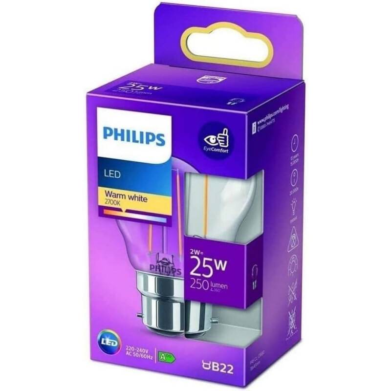 Philips LED Classic B22 Lampe, 25 W, Tropfenform, dimmbar, klar,...