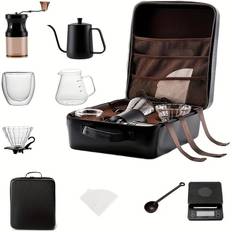 TEMU Gourmet Travel Coffee Set: Stainless Steel Hand Grinder, Glassware, And Accessories For The Perfect Cup On The Go