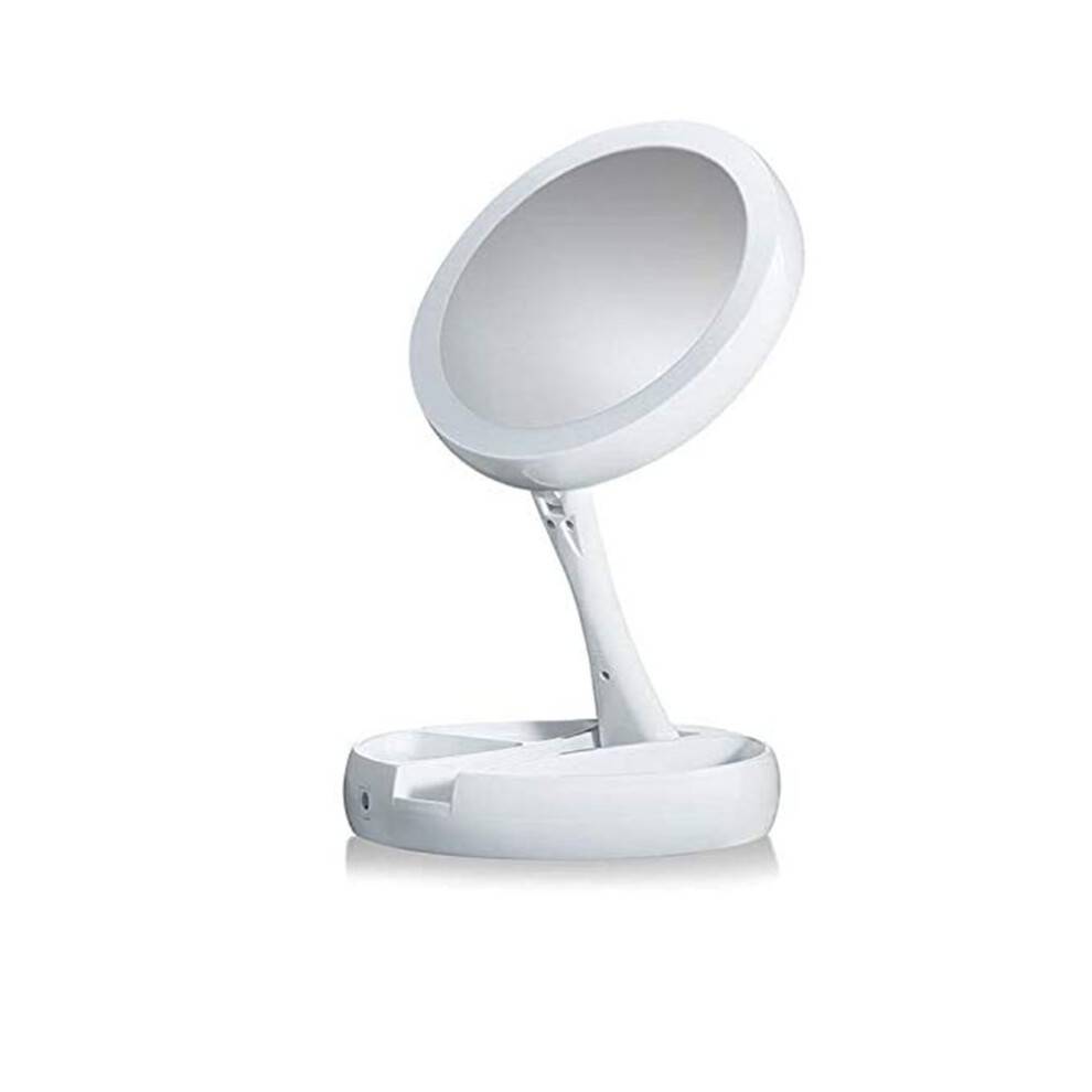 Genopladeligt LED-spejl med oplysning, dobbeltsidet forstørrelse til præcis makeup, LED-spejl med blødt lys og foldbart design, bærbart og