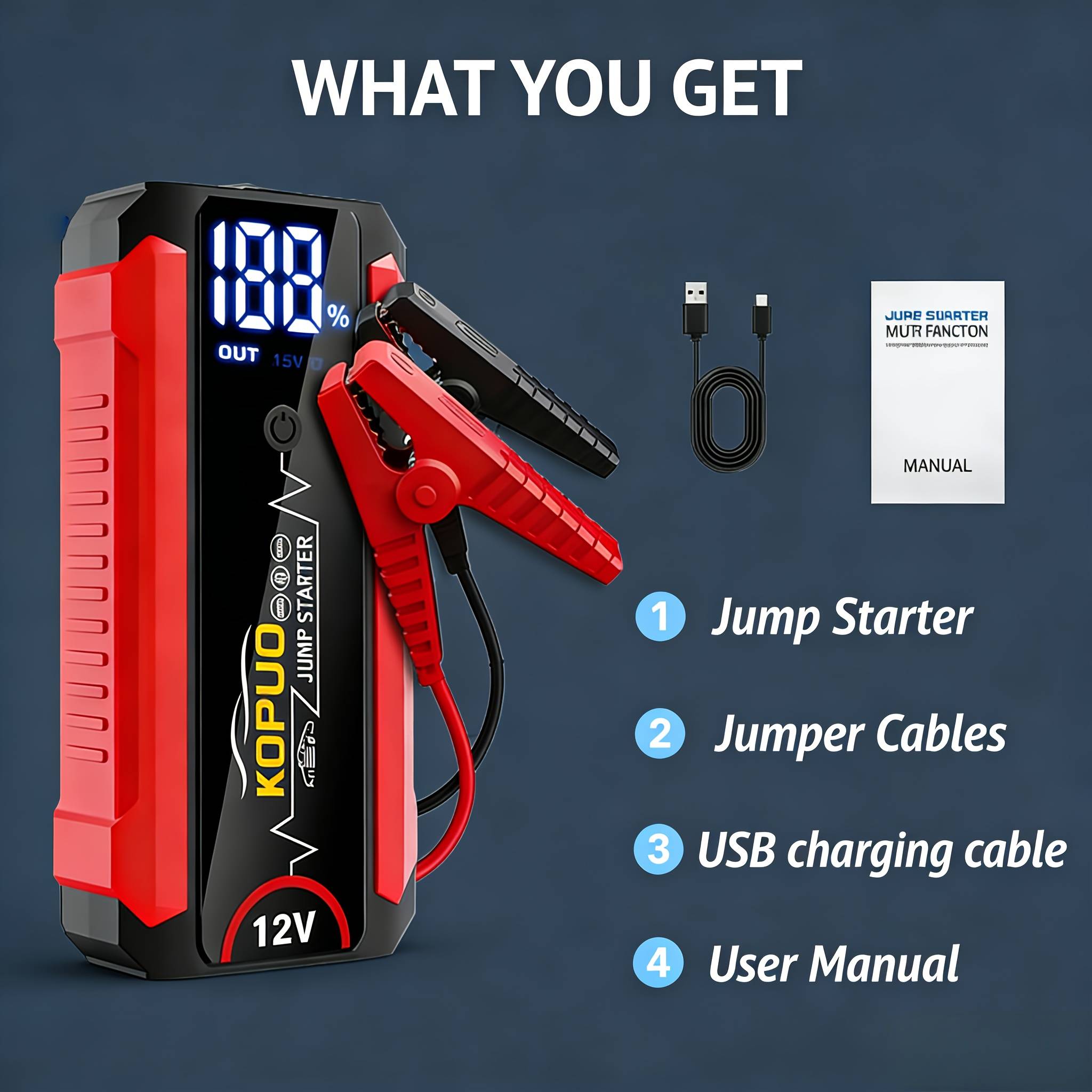 Kopuo 8000a Car Jump Starter 12v, Starts , Emergency Battery , Up To 9.0l Gas & 7.0l , Portable Car Battery Starter For Cars, Suvs, , Trucks & Motorcycles, Lcd Display, Led Flashlight