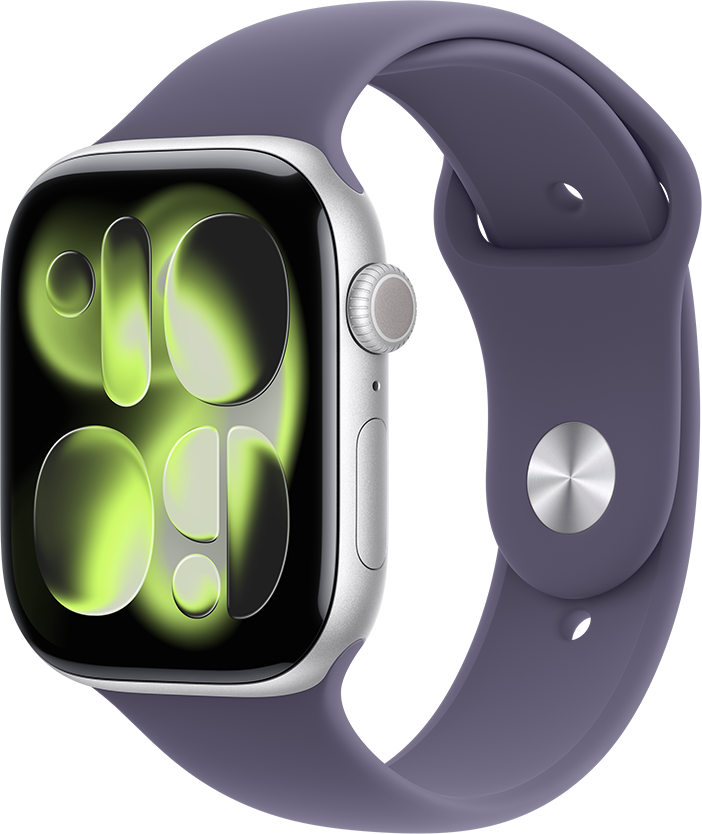 Apple Watch Series 11 GPS + Cellular 46mm Aluminiumboett Silver • Sportband Purpurdimma - S/M