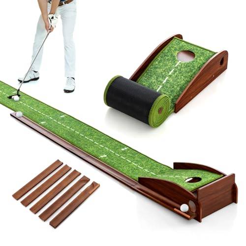 COSTWAY Golf puttingmatta, golfmatta med 1/2/3 hål, bilåterkomst träningsmatta med 3 golfbollar och konstgräs, puttingtränare inomhus, utomhus för nybörjare, proffs (1 hål)