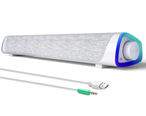 SOULION R30 datorhögtalare, USB-driven liten PC-högtalare, färgglada LED-lampor med strömbrytarknapp, surroundljud, bärbar dator soundbar högtalare för stationära bärbara datorer, vit