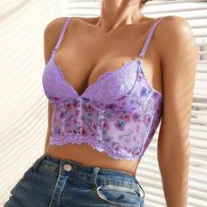 Floral Print Contrast Lace Waist Trainer Top - Purple - L,M,S,XL