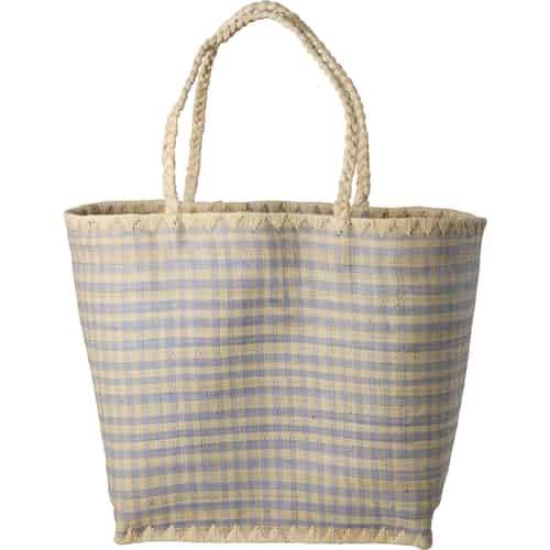 Rice Raffia Bag - Blue Checkers - Raffia Handles - Large