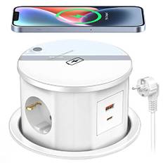 3 Fach Versenkbare Steckdose mit USB C 20W, Ohuo Tischsteckdose mit 15W Kabellosem Ladegerät, Einbausteckdose für Arbeitsplatte mit 2 USB, 2M Kabel - Weiß