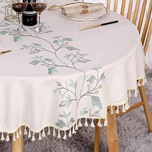 SUCHDECO Bordsduk rund 140 cm vitt linne bomull bordsduk rund tvättbar skrynkelfri bordsduk med gröna broderade blad, tofsar för kök, matsal, matbord, soffbord, trädgårdsbord