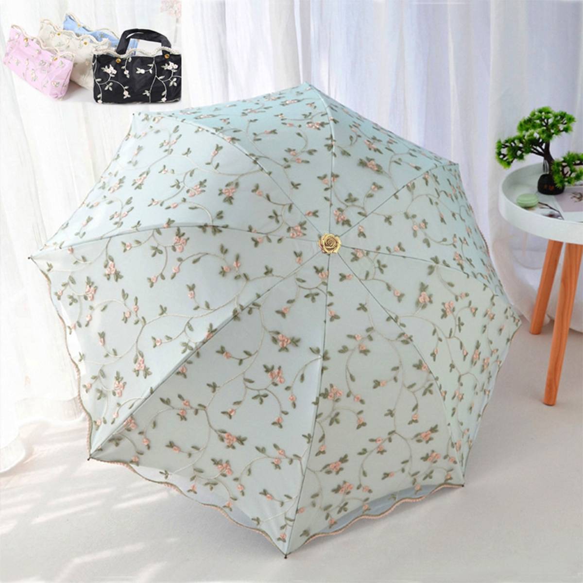 Women's Blocking Double Layer Lace Embroidered Umbrella, Dual Use For , Light Blue Floral Pattern, Black Glue Sunshade, Foldable With 8 Ribs, Manual Open, , Plastic Handle, , For Women