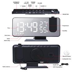 LED Digital Smart Alarm Clock Watch Table Electronic Desktop Clocks USB Wake Up Clock with 180° Time Projection Snooze White font svart