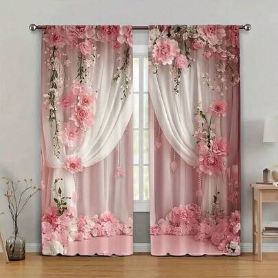 2 st vintage romantiska dekorativa gardiner med rosa blommönster, utan borrning, gardinstångsfäste, polyester, halvtransparenta för insynsskydd, maski - Multifärgad (Multi-size)