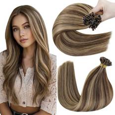Hetto Förlängningar av äkta hår med limning, brun hårförlängning med limning, äkta remy-hår, hot fusion, keratin, limning, mörkbrun highlight, rödblond, 50 g, 35 cm