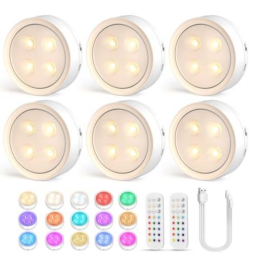 Onumii LED Akku Schrankbeleuchtung mit Fernbedienung USB Aufladbar Unterbauleuchte Magnetisch Kabellos Vitrinenbeleuchtung Spot Timing Funktion für Kleiderschrank, Küche, Schlafzimmer (6er Pack Weiß)