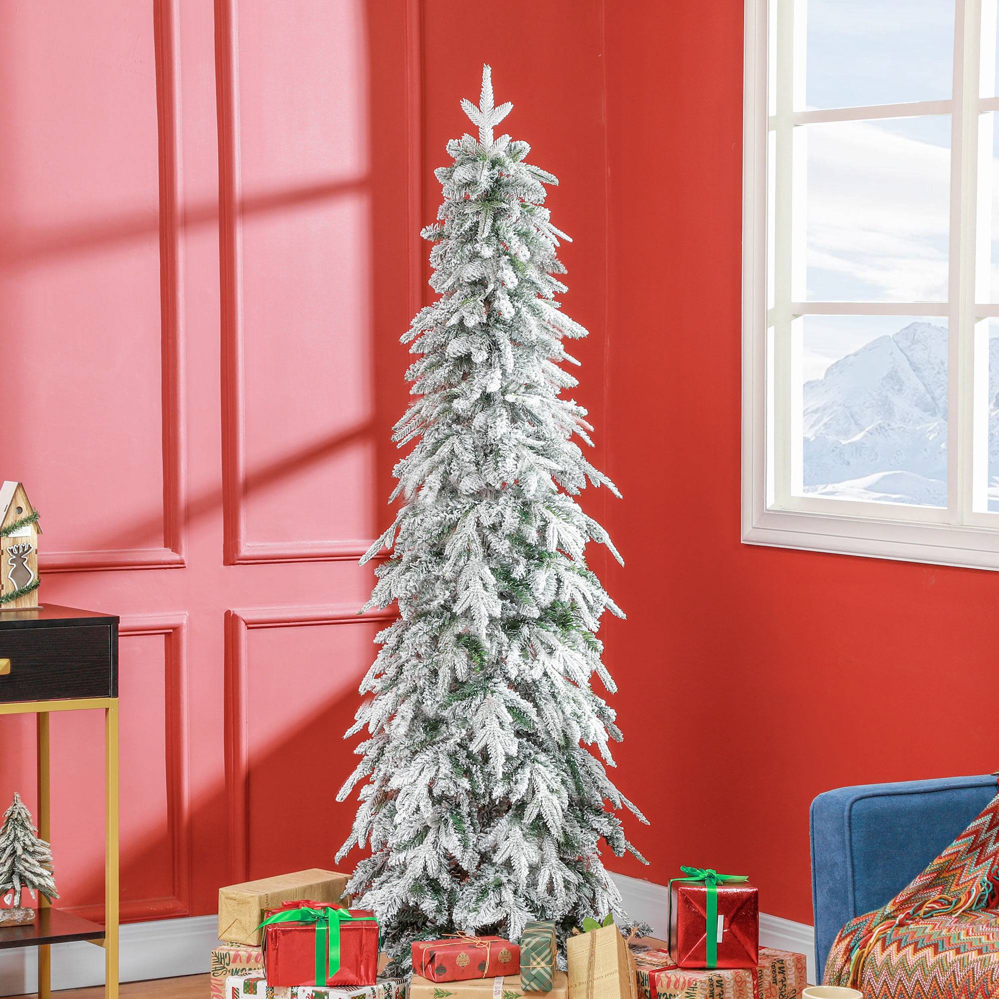 Kunstigt juletræ 180 cm, ligner et rigtigt træ med 600 tætte grene, kunstig sne, bilåbning.