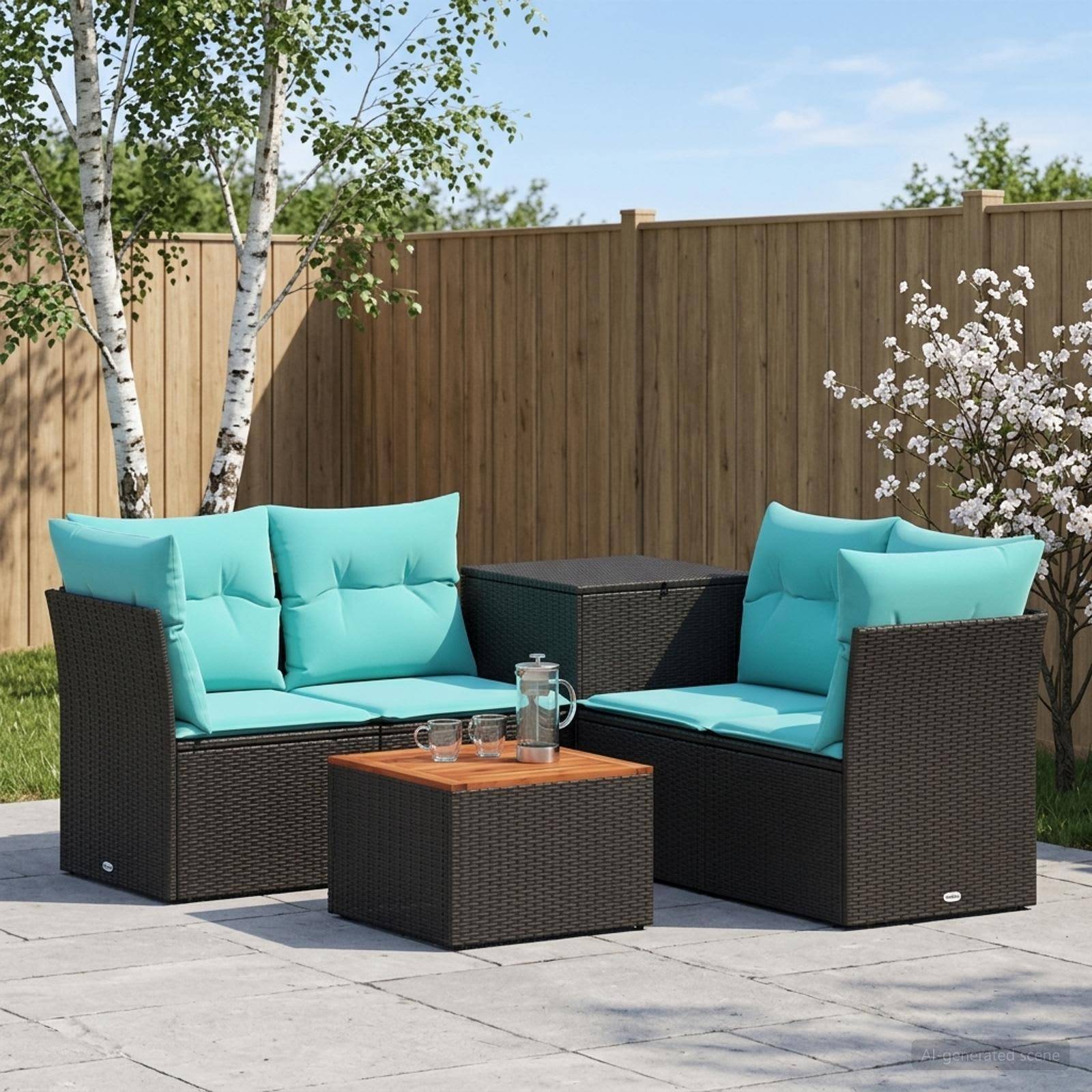 vidaXL Sofa Sæt 6 stk. Sort og Blå 55 x 55 x 37 cm Poly Rattan og Stål