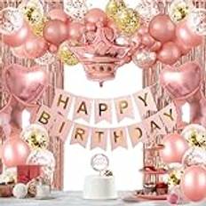 Rosa gulddekorationer för födelsedagen - Grattis på födelsedagen ballonger och banderoll - festdekorationer för kvinnor och flickor