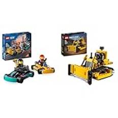 LEGO City Go-Karts mit Rennfahrern, Set mit 2 Rennfahrer-Minifiguren und Rennautos & Technic Schwerlast Bulldozer, Spielzeug-Planierraupe zum Bauen