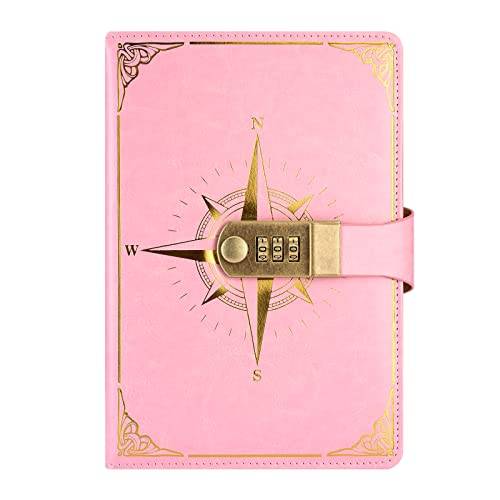 NectaRoy Reseanteckningsbok, Anteckningsblock med lås, Dagbok med kod (Kompassmönster), Hemlig Tjejanteckningsbok för Skolkontor, Student, Brevpapper, Födelsedagspresent, 22 x 15cm
