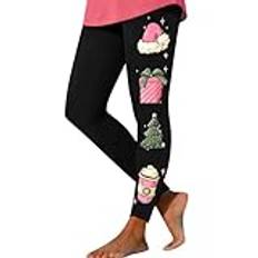 Yoga leggings för kvinnor, termiska leggings, födelsedag, nya dambyxor, hatt, presentask, julgran, mjölk, tekopp, tryckta elastiska långa leggings och leggings för kvinnor, UK plus size, Svart, XL