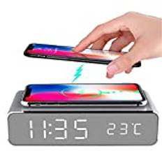 AODIAN LED smart väckarklocka tidstemperatur visning trådlös laddningsstation docka, Qi-certifierad för sovrum, hem och kontor – silver, kompatibel med iOS och Android