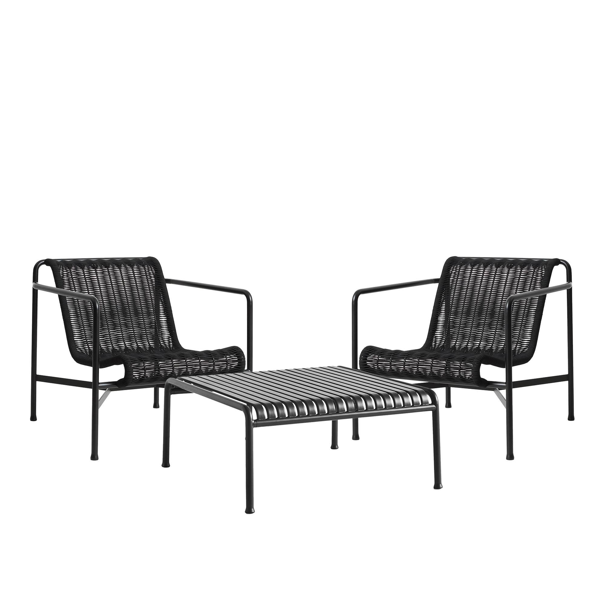 HAY - Palissade cord loungegruppe med 2 stole & lavt trædgårdsbord anthracite - Udendørs loungegrupper