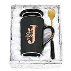 Joymaking personlig mugg med bokstäver kaffekopp med motiv med blommor, namn initialer personliga gåvor kaffemugg för kvinnor flickvän, J – 400 ml svart