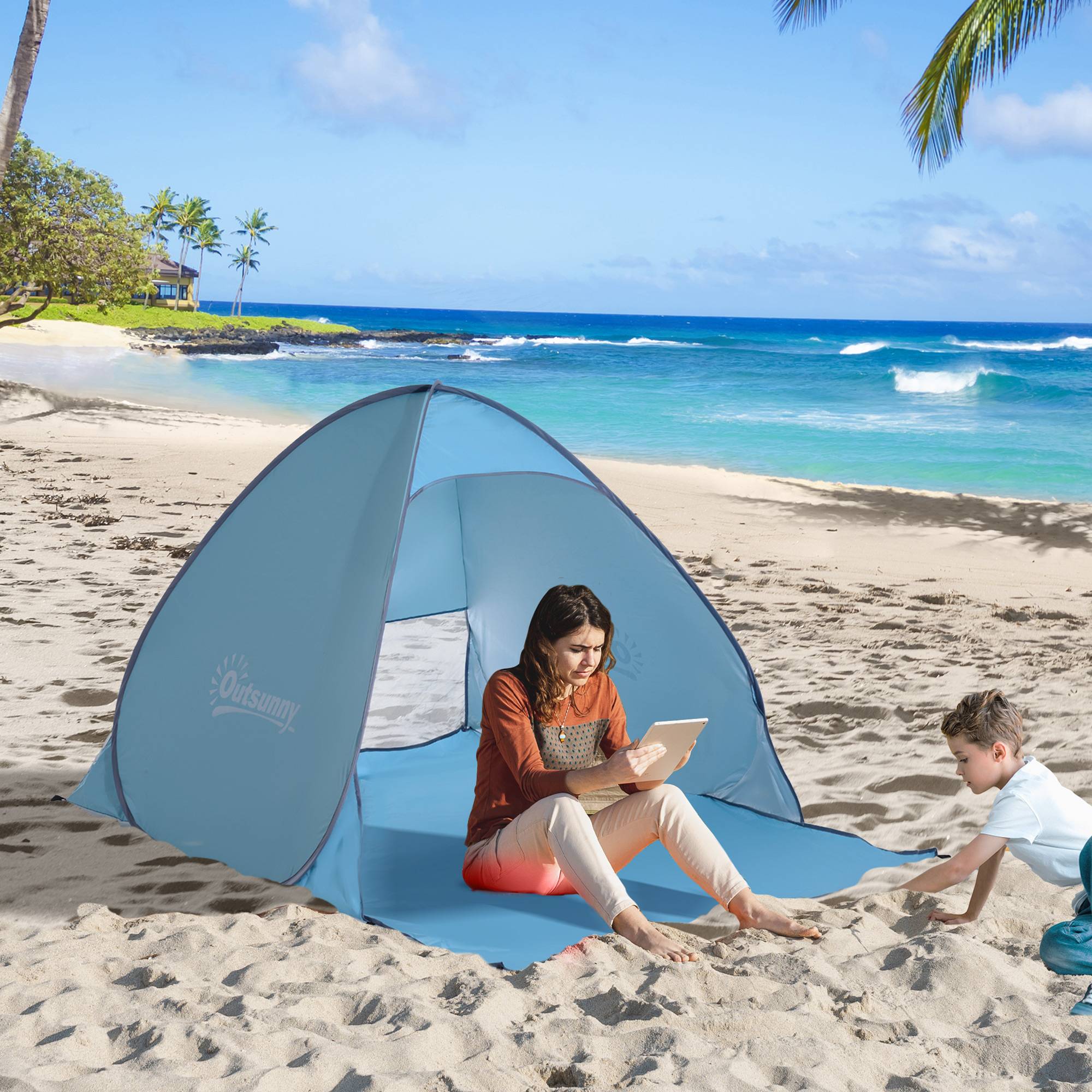 Pop-up telt, strandtelt, campingtelt, polyester, 200 x 150 x 119 cm, blå