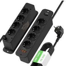 Infälld grenuttag med 8 uttag med USB C PD 20 W och strömbrytare, infällt eluttag med 4 USB för bänkskiva, bord eller möbler, dubbelsidig infälld kontakt - svart, 2 m kabel